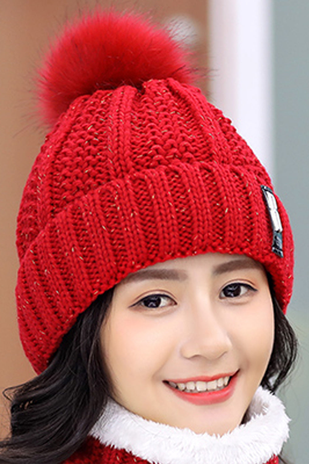 Women Charming Two Piece Solid Color Scarf Set Warm Cap