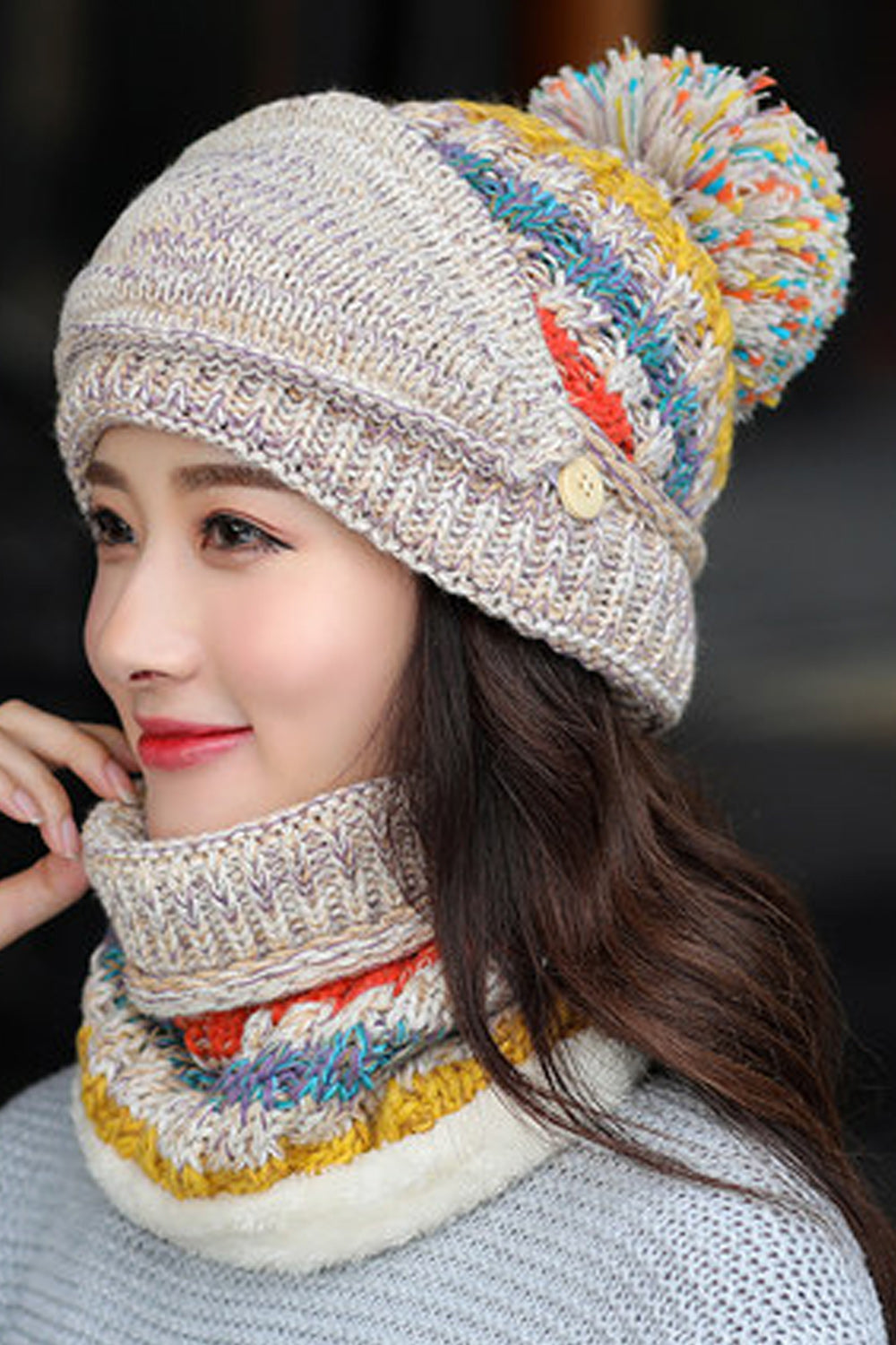Women Fashionable Contrast Color Scarf Set Hair Ball Decorated Cap