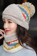 Women Fashionable Contrast Color Scarf Set Hair Ball Decorated Cap