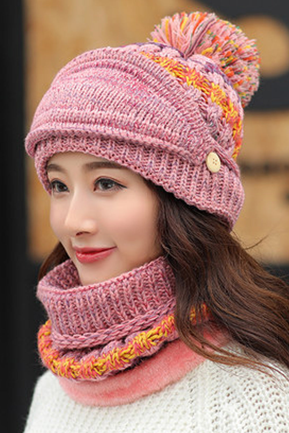 Women Fashionable Contrast Color Scarf Set Hair Ball Decorated Cap