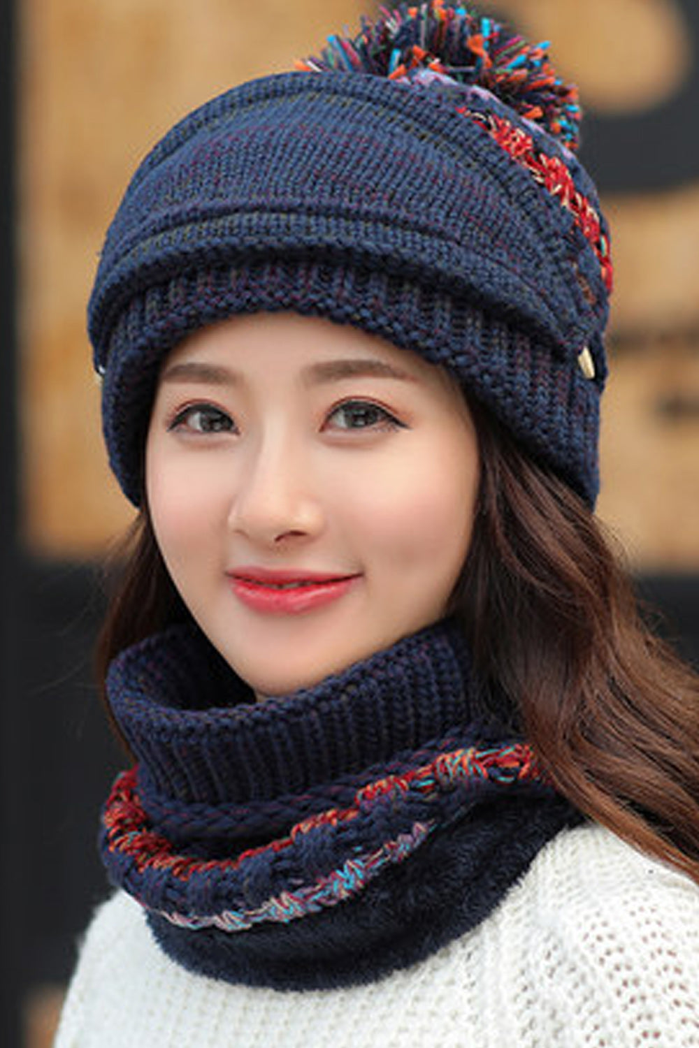 Women Fashionable Contrast Color Scarf Set Hair Ball Decorated Cap