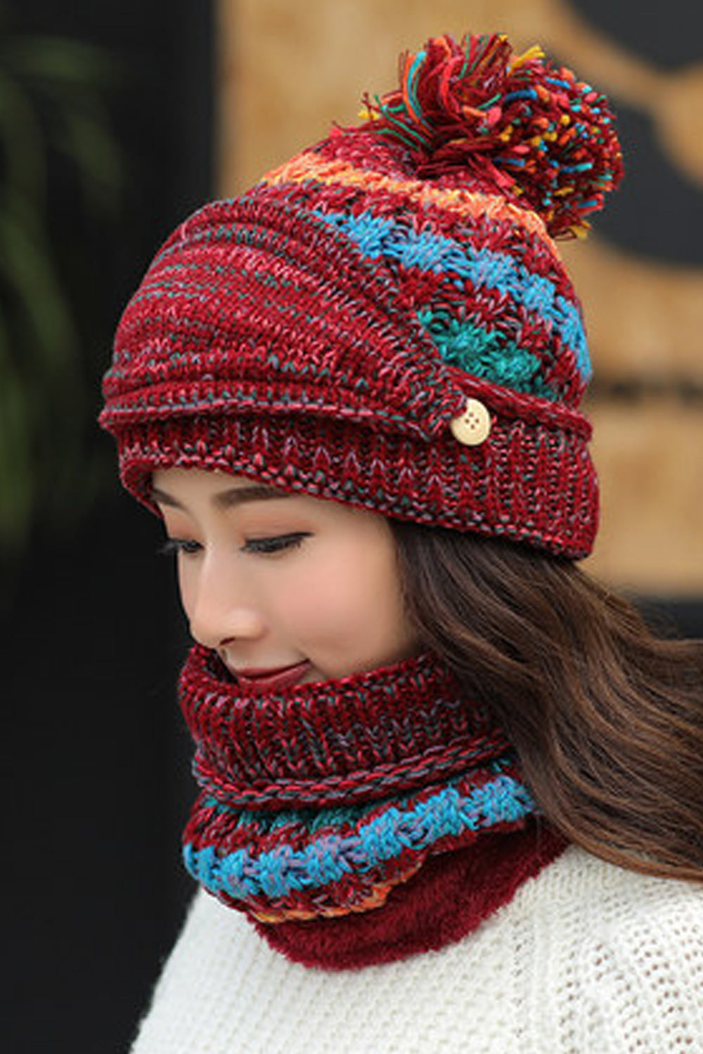 Women Fashionable Contrast Color Scarf Set Hair Ball Decorated Cap