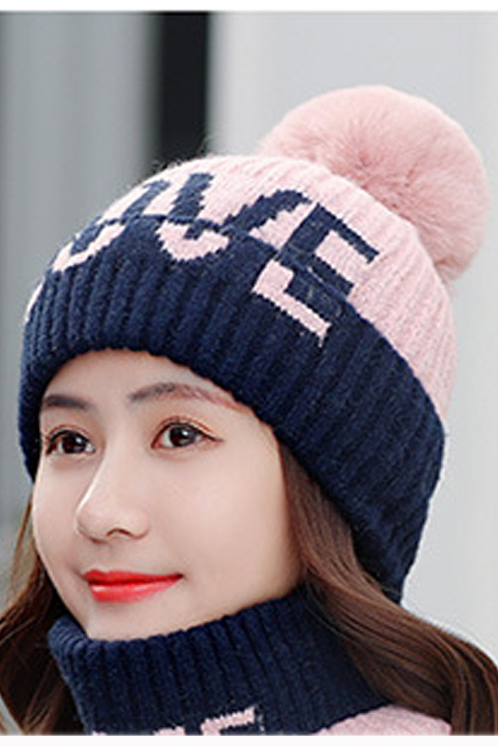 Women Elegant Contrast Color Two Piece Scarf Set Warm Cap