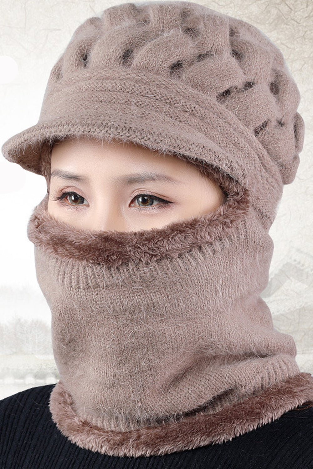 Women Attached Scarf Set Two Piece Solid Color Warm Cap