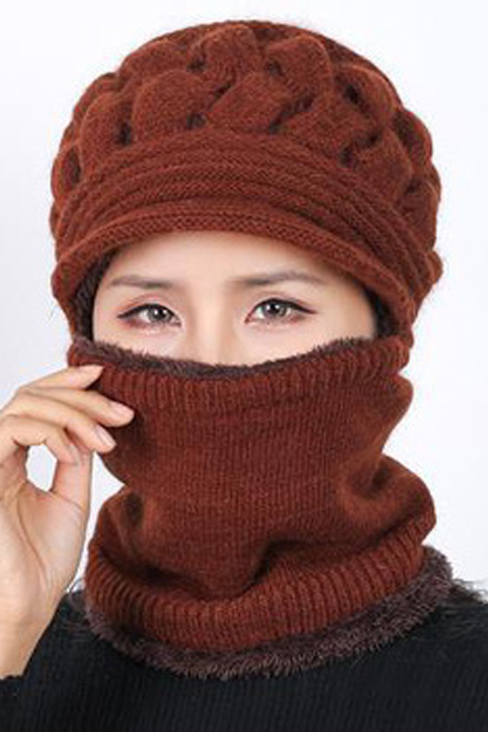Women Attached Scarf Set Two Piece Solid Color Warm Cap