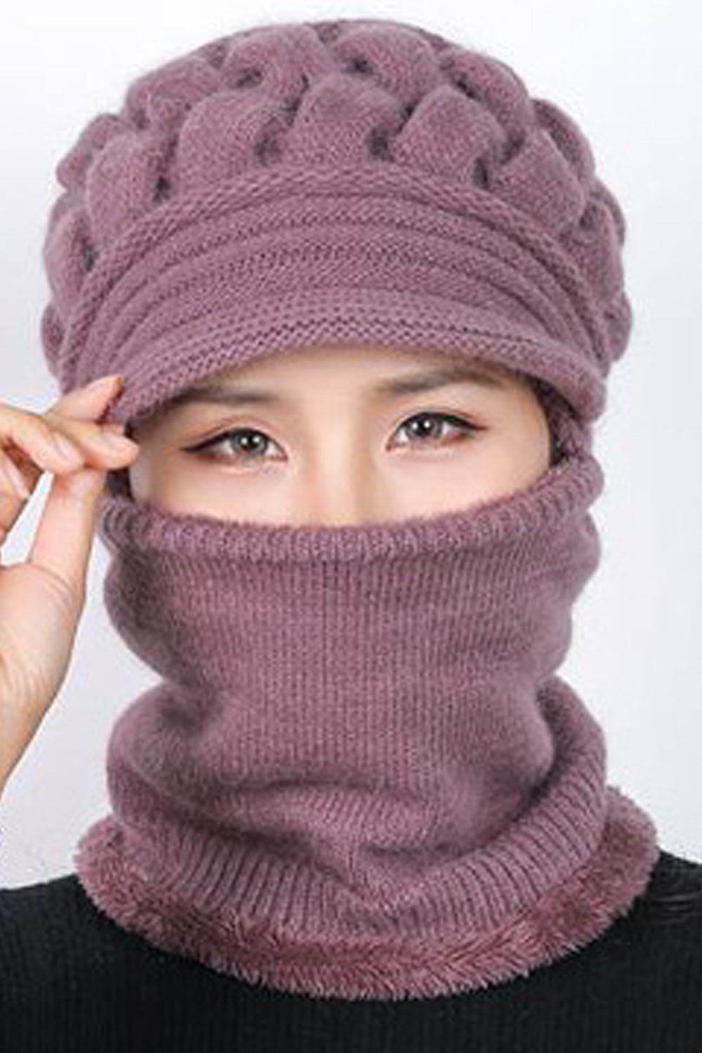 Women Attached Scarf Set Two Piece Solid Color Warm Cap