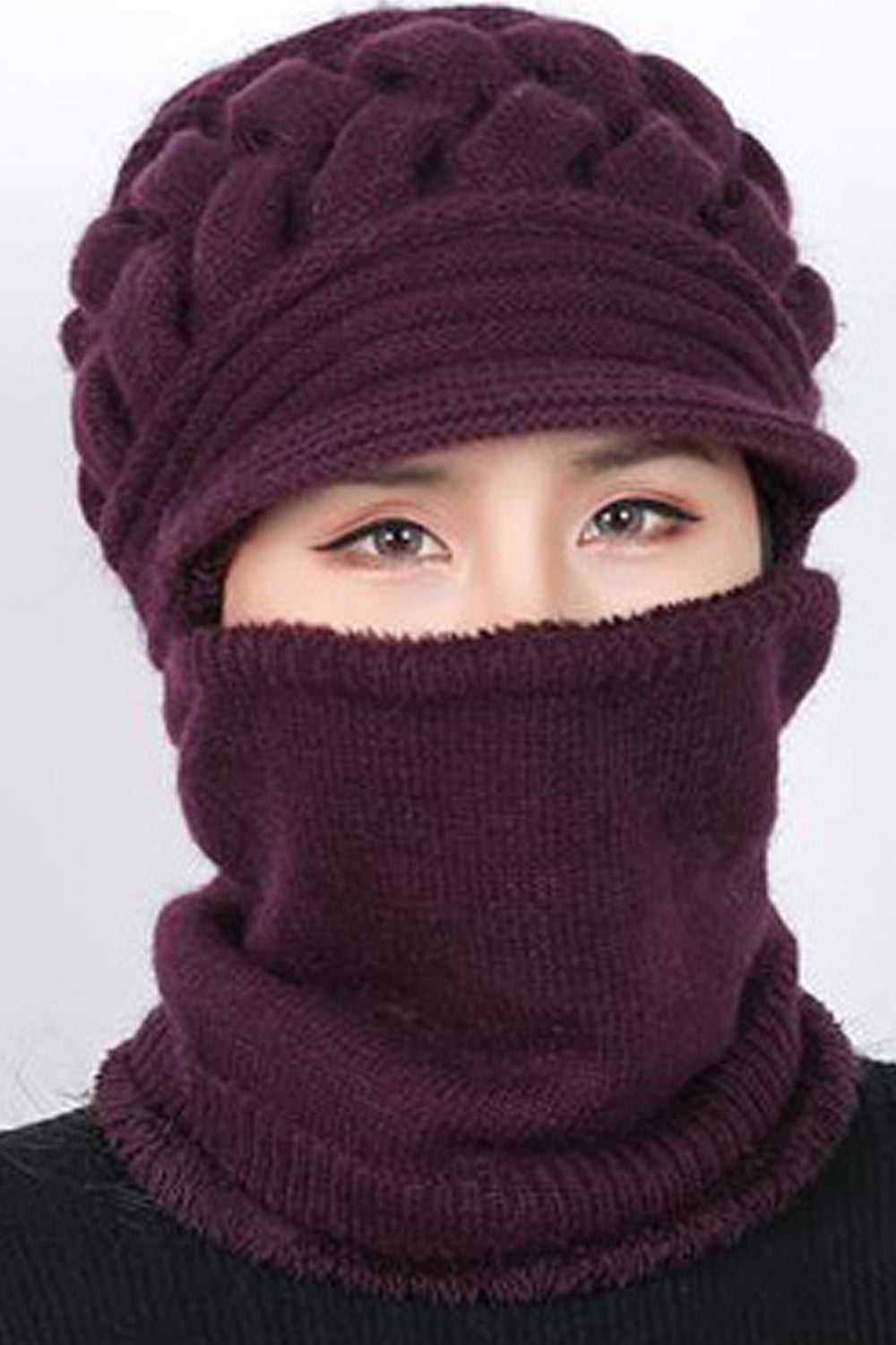 Women Attached Scarf Set Two Piece Solid Color Warm Cap