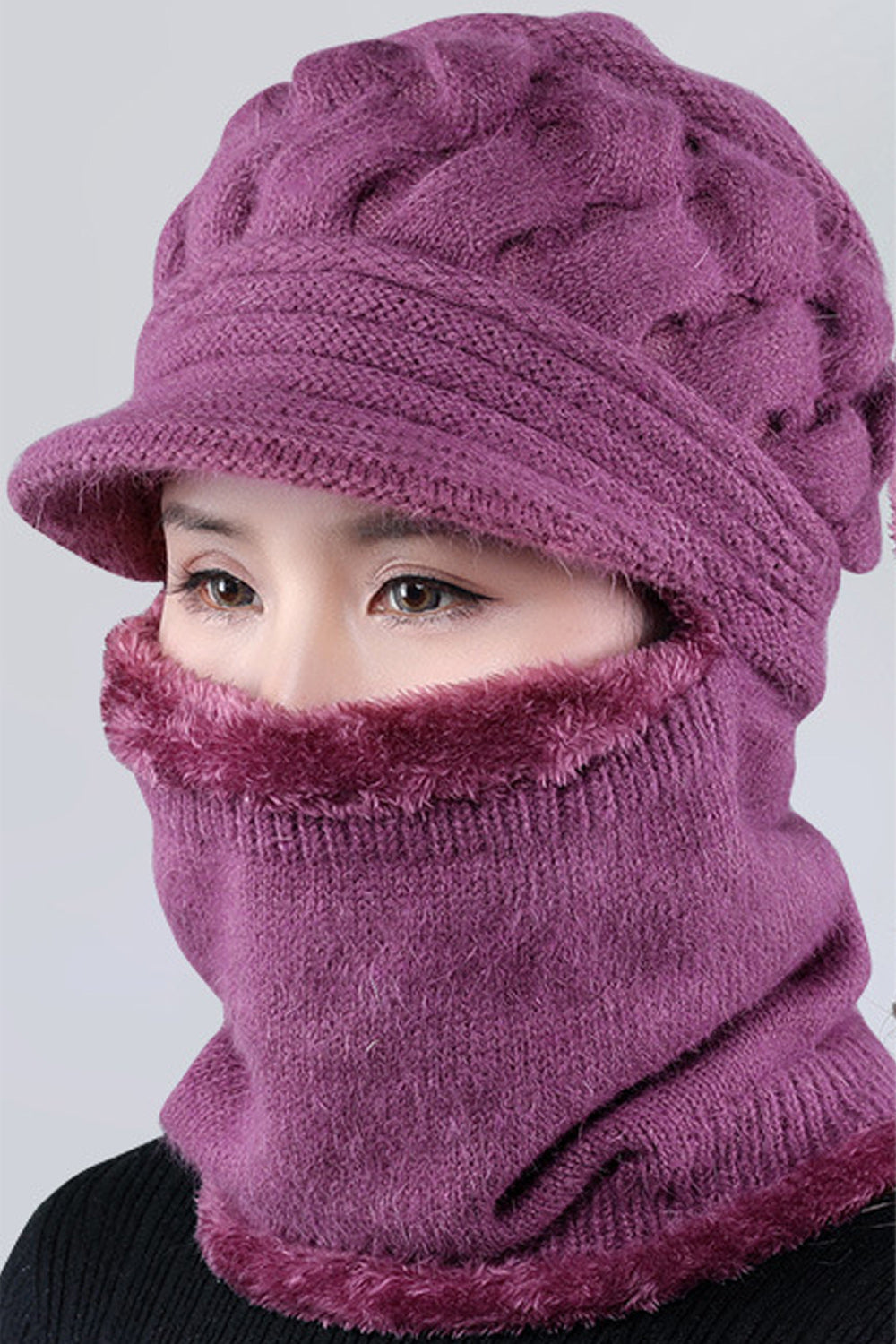 Women Attached Scarf Set Two Piece Solid Color Warm Cap