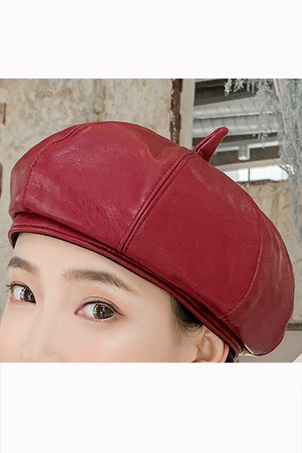 Women Solid Color Beret PU Leather Autumn & Winter Cap