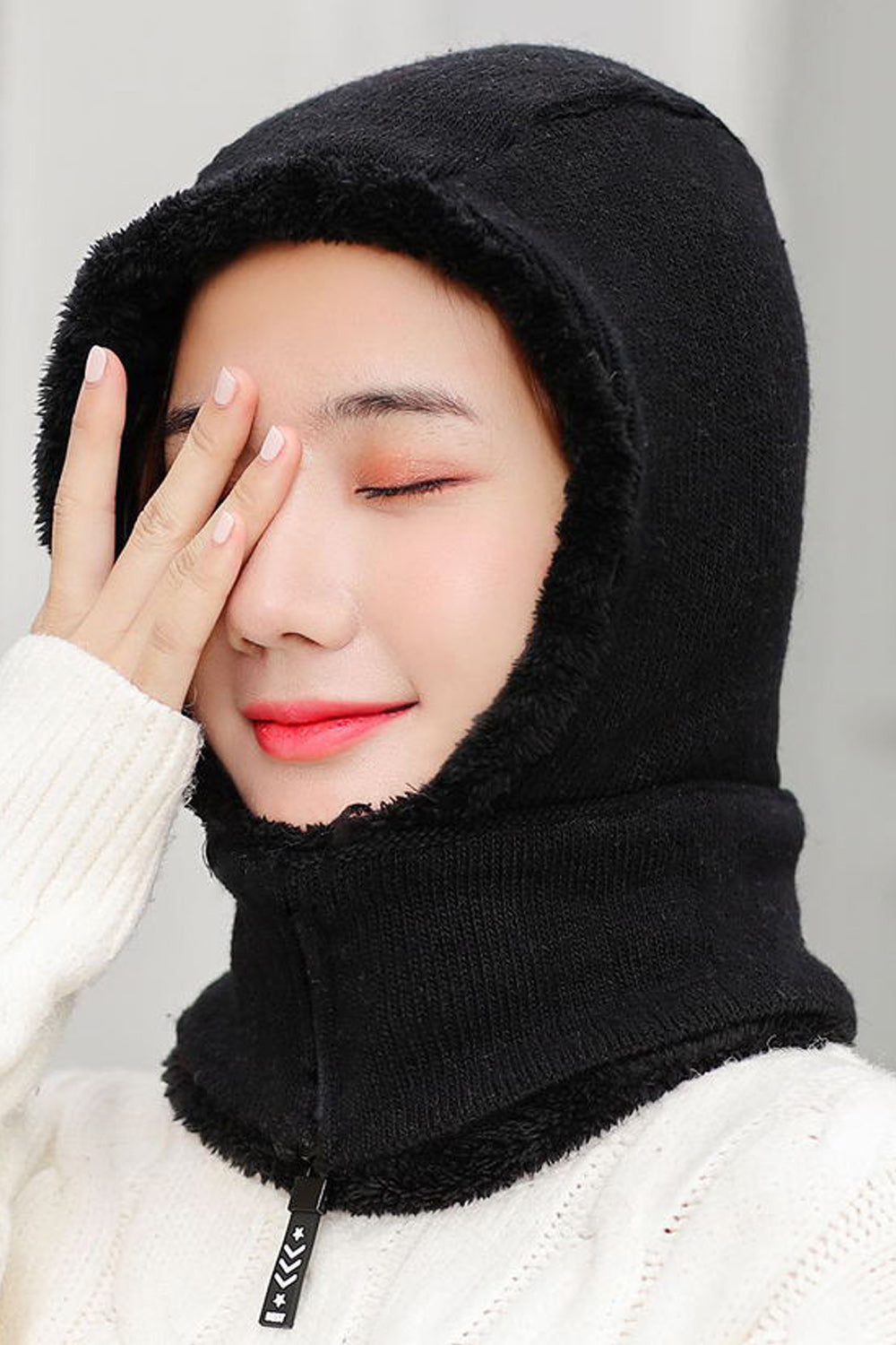 Women Elegant Solid Color Zipper Closure Bib Warm Cap