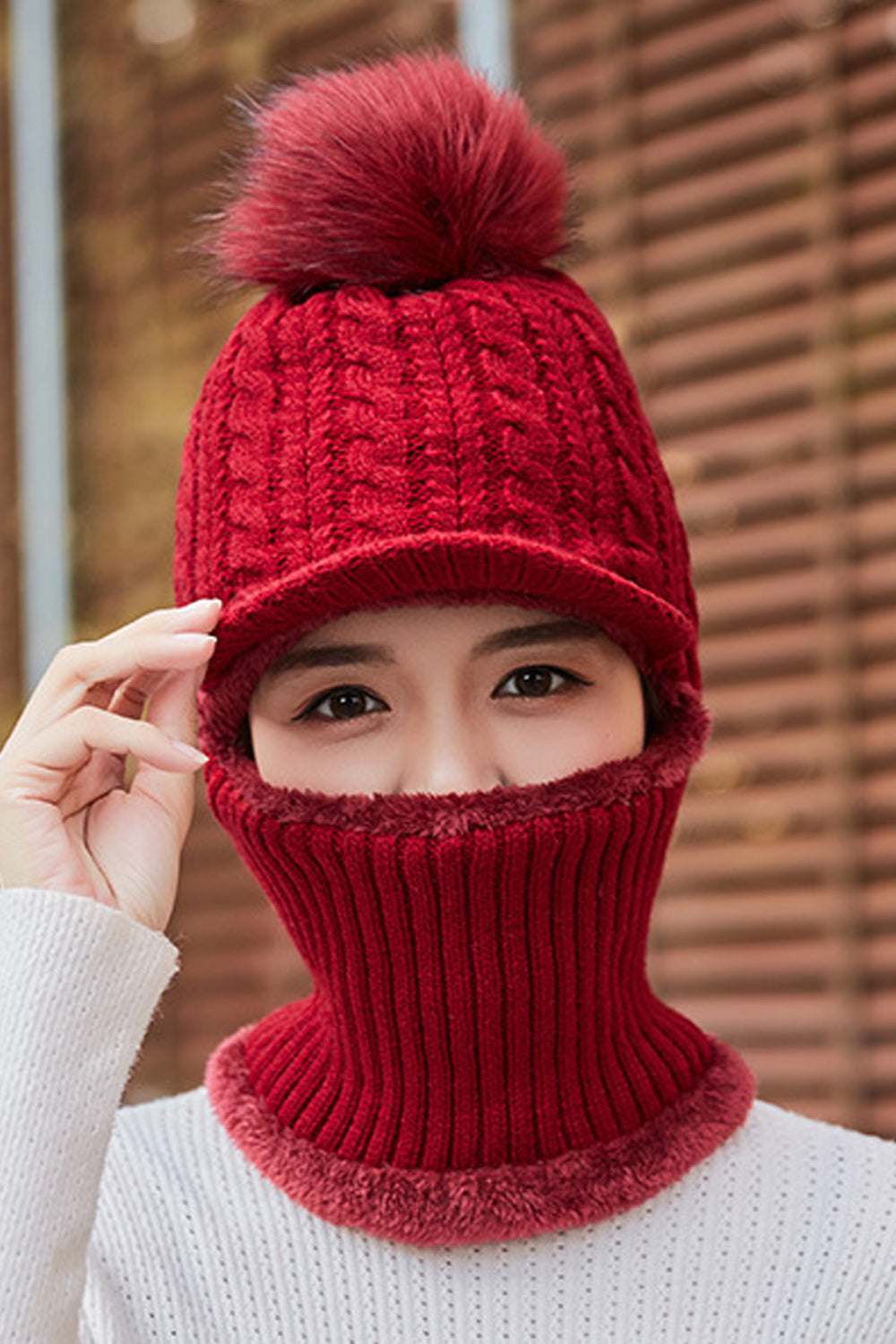 Women Solid Color Hat Style Bib Mask Attached Warm Cap