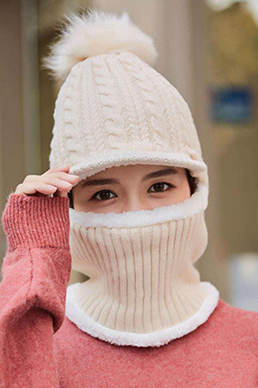 Women Solid Color Hat Style Bib Mask Attached Warm Cap