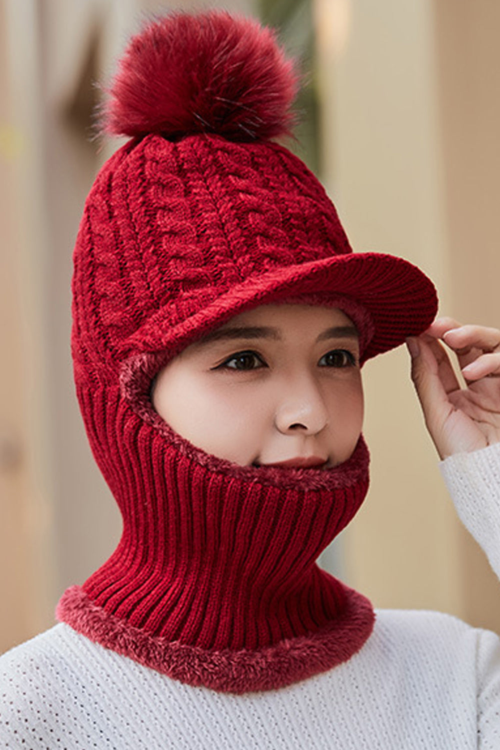 Women Solid Color Hat Style Bib Mask Attached Warm Cap
