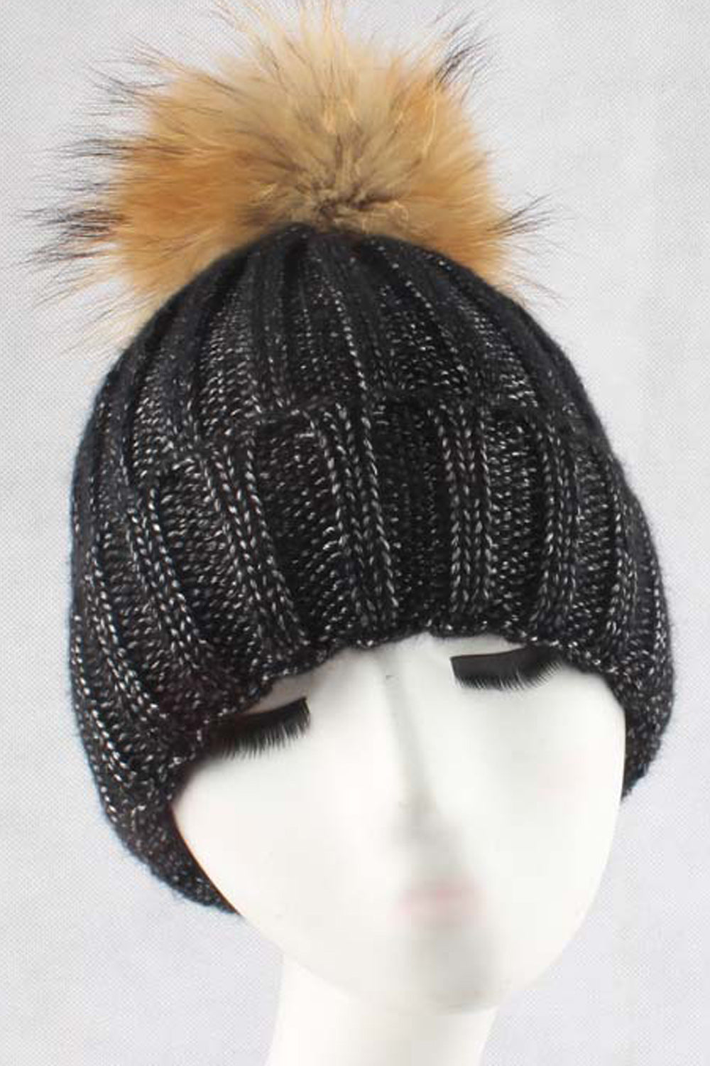 Women Stripe Pattern Hair Ball Decorated Comfortable Warm Cap