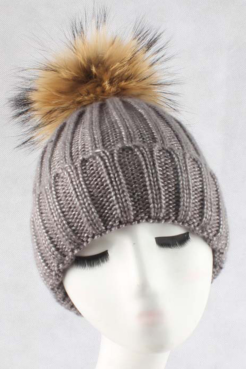 Women Stripe Pattern Hair Ball Decorated Comfortable Warm Cap