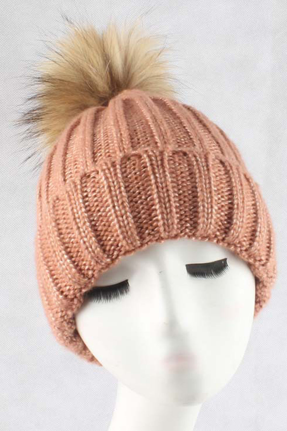 Women Stripe Pattern Hair Ball Decorated Comfortable Warm Cap