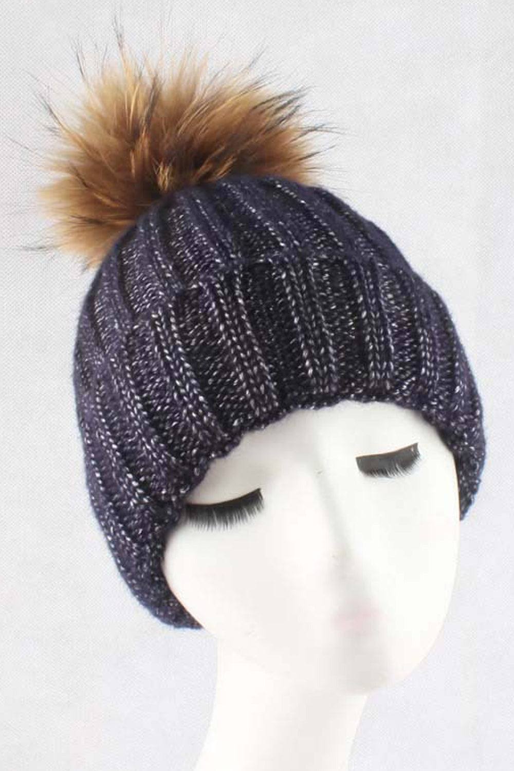 Women Stripe Pattern Hair Ball Decorated Comfortable Warm Cap