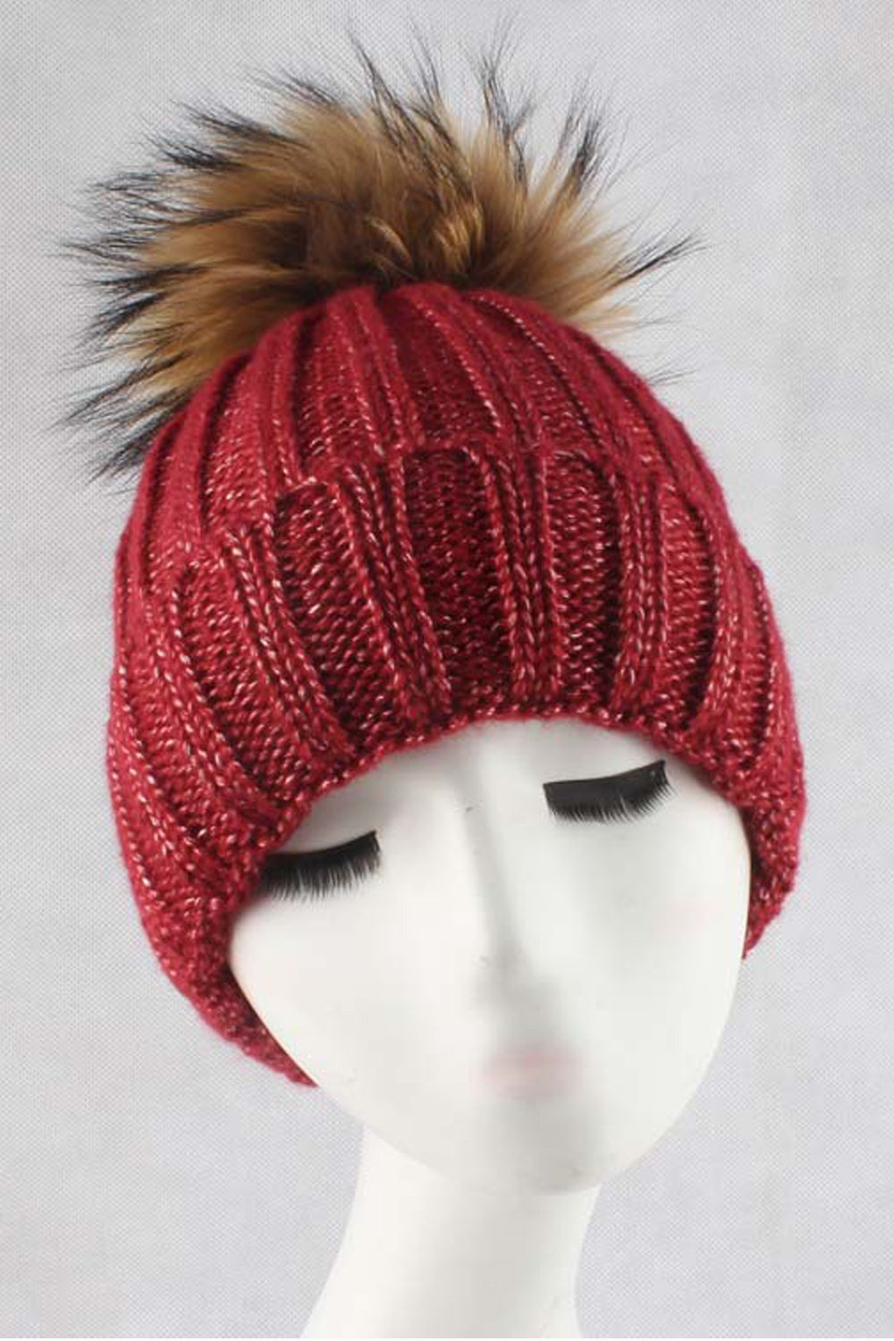 Women Stripe Pattern Hair Ball Decorated Comfortable Warm Cap