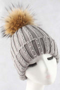 Women Stripe Pattern Solid Color Rhinestone Decorated Warm Cap