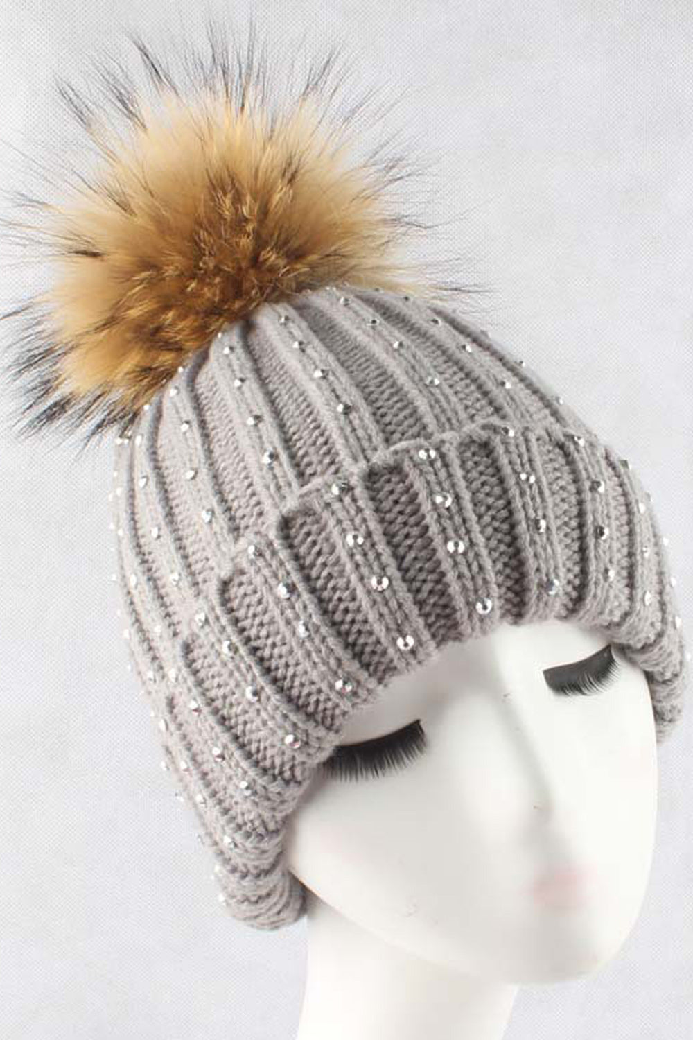 Women Stripe Pattern Solid Color Rhinestone Decorated Warm Cap