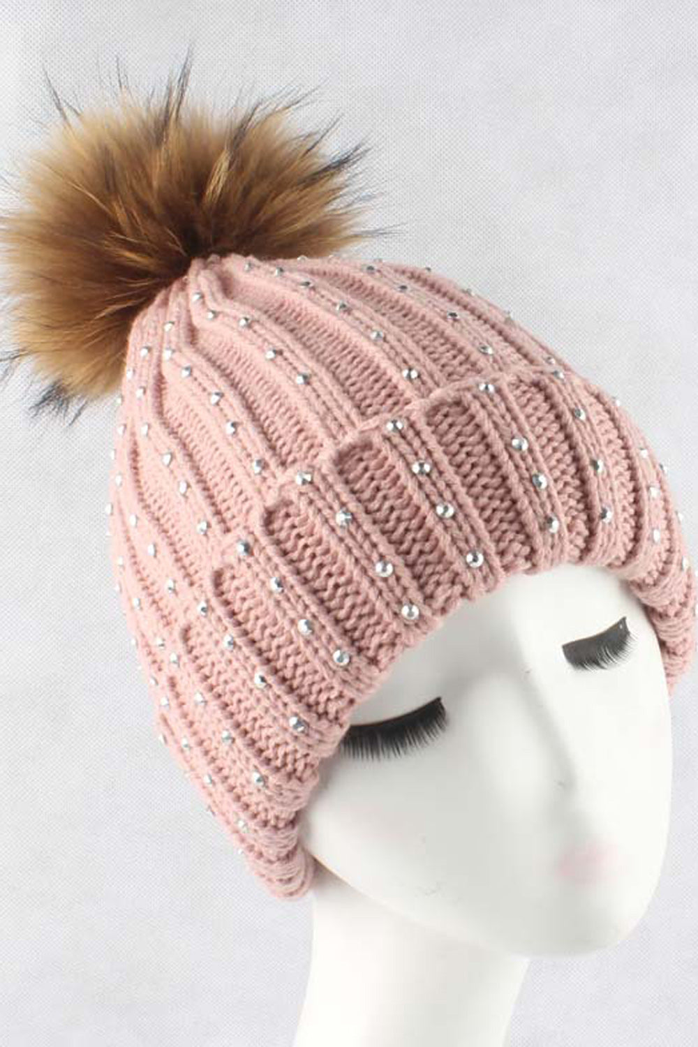 Women Stripe Pattern Solid Color Rhinestone Decorated Warm Cap