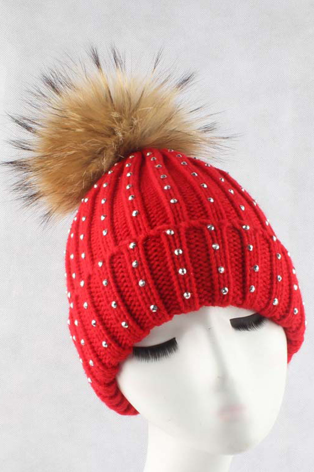 Women Stripe Pattern Solid Color Rhinestone Decorated Warm Cap