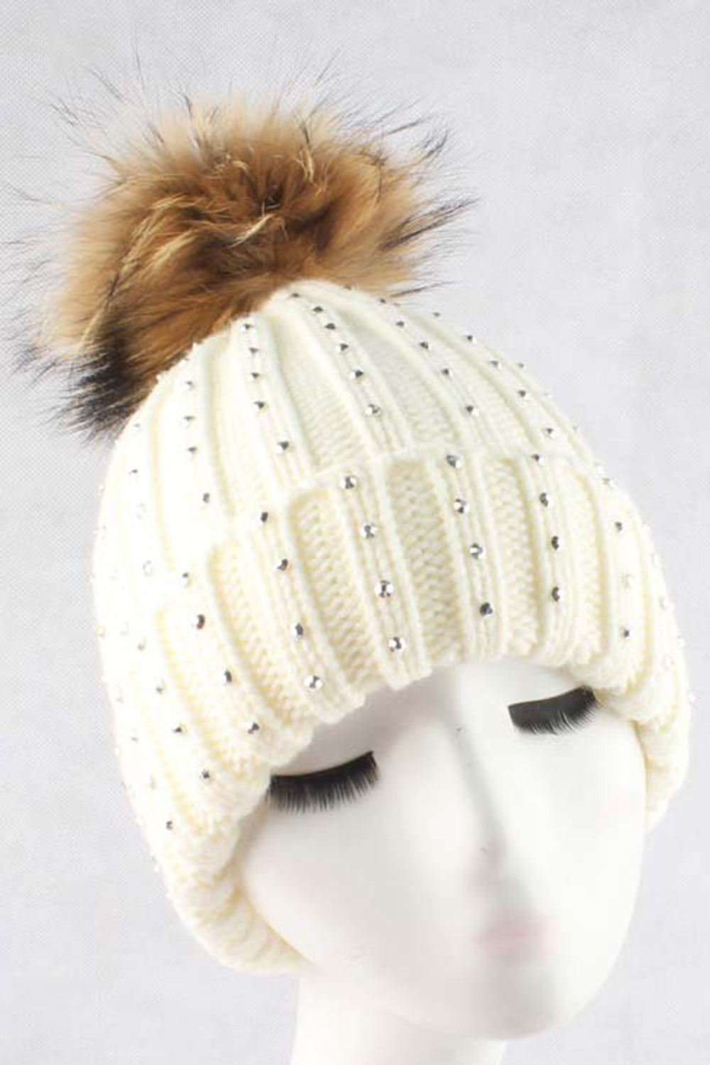 Women Stripe Pattern Solid Color Rhinestone Decorated Warm Cap