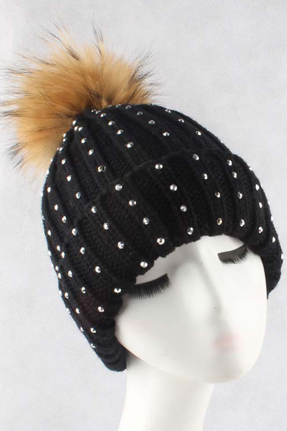 Women Stripe Pattern Solid Color Rhinestone Decorated Warm Cap