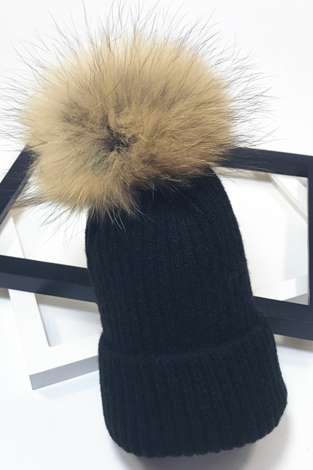 Women Stripe Pattern Solid Color Hair Ball Decorated Warm Cap