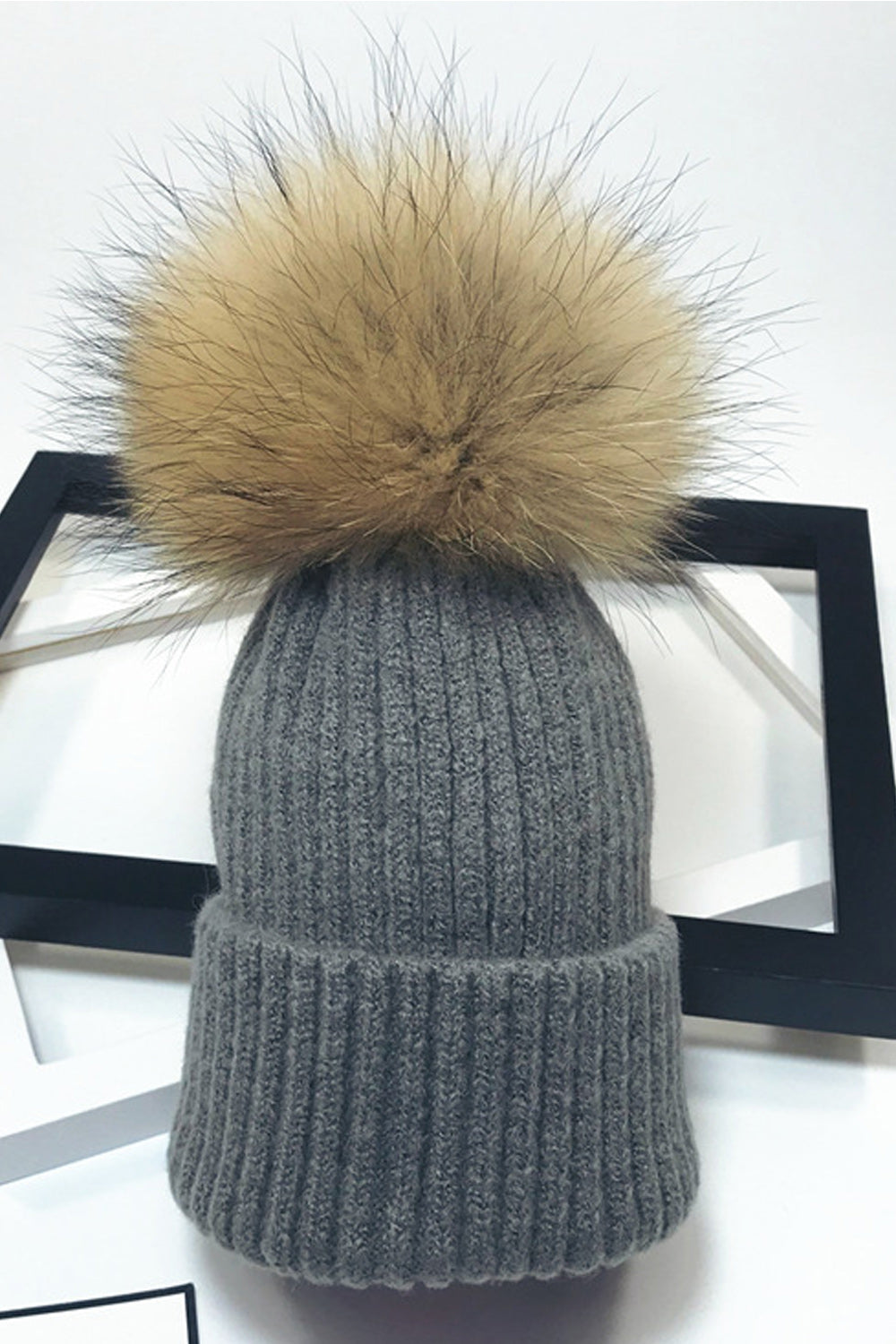 Women Stripe Pattern Solid Color Hair Ball Decorated Warm Cap