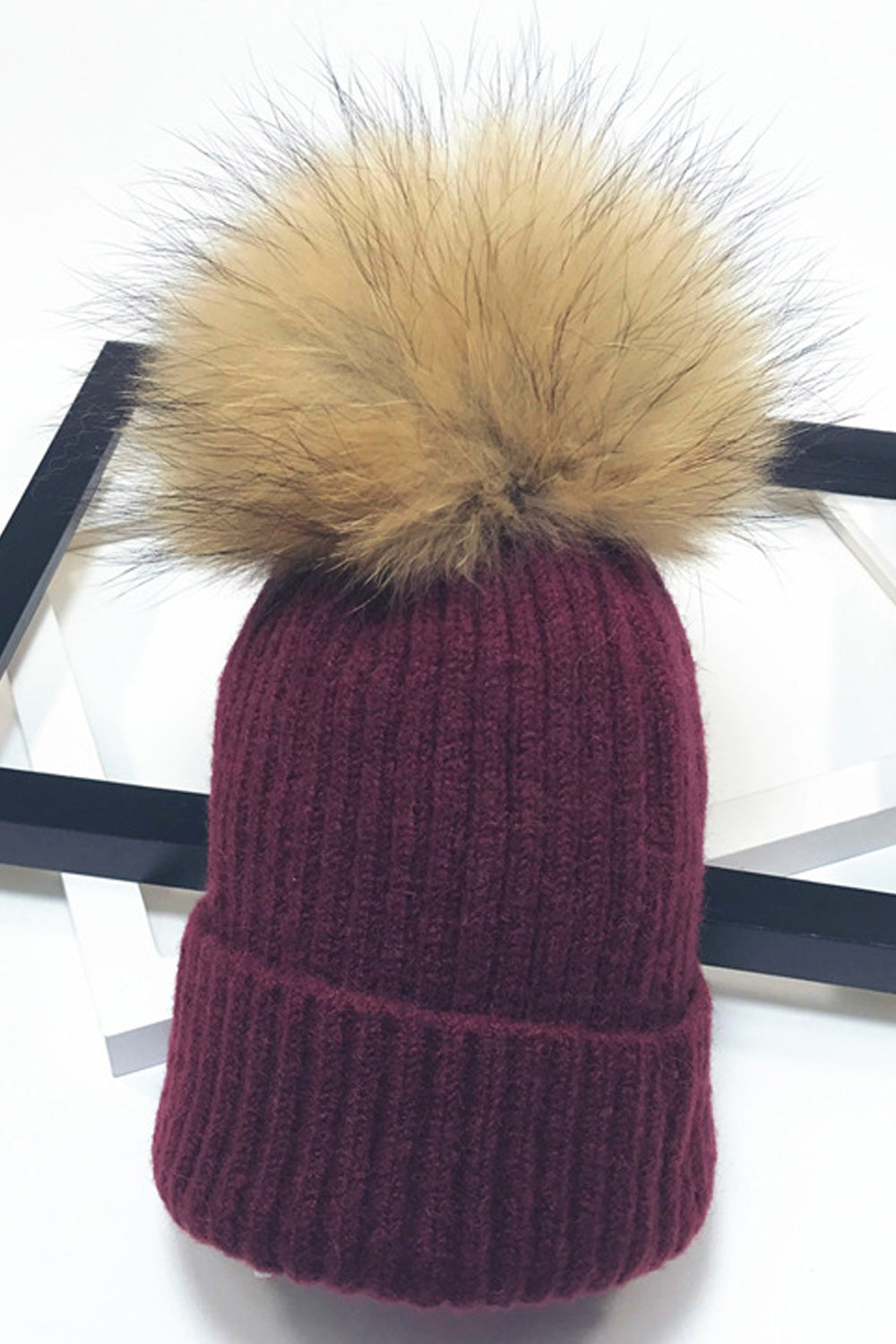 Women Stripe Pattern Solid Color Hair Ball Decorated Warm Cap