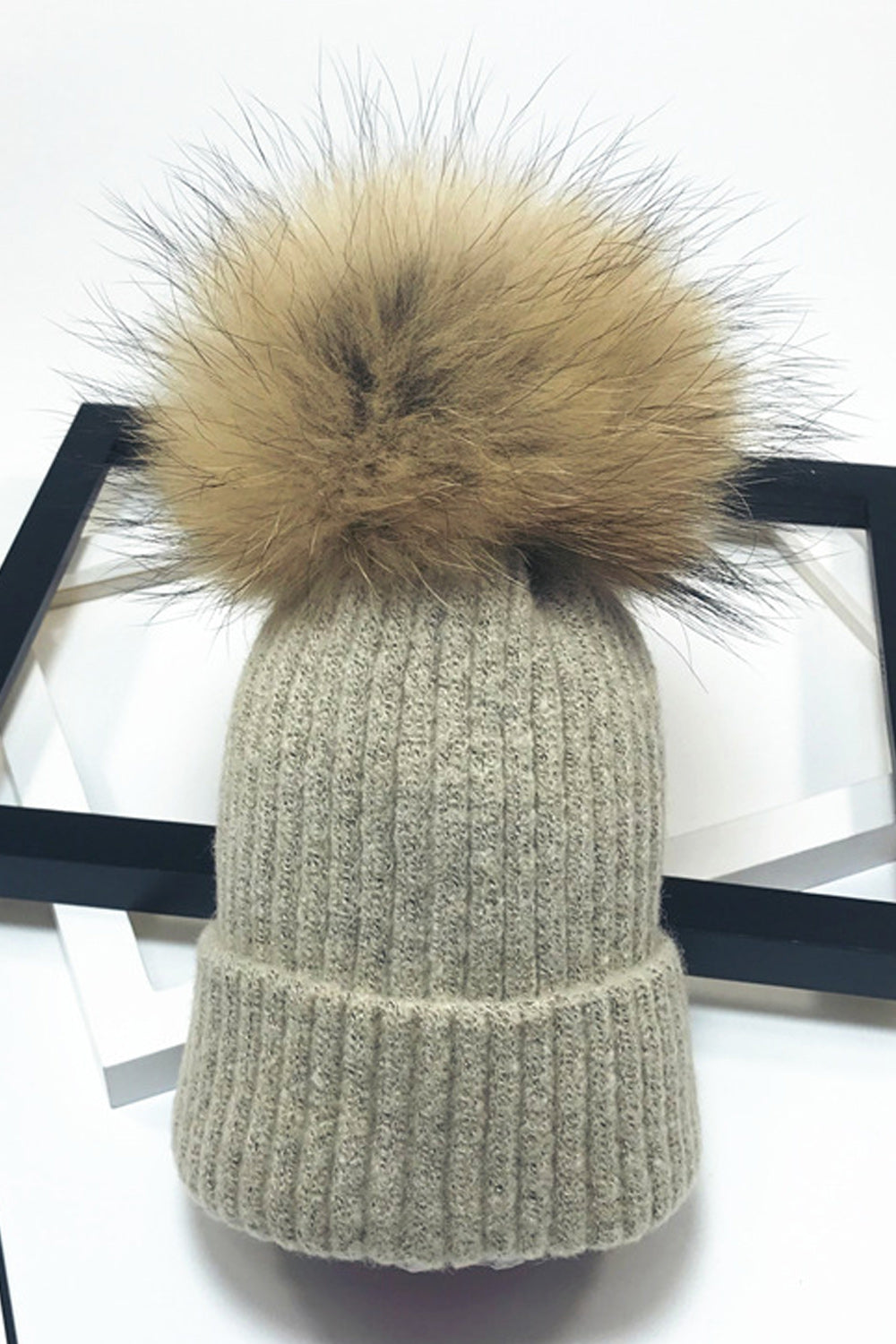 Women Stripe Pattern Solid Color Hair Ball Decorated Warm Cap