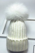 Women Solid Color Hair Ball Decorated Stripe Pattern Warm Cap