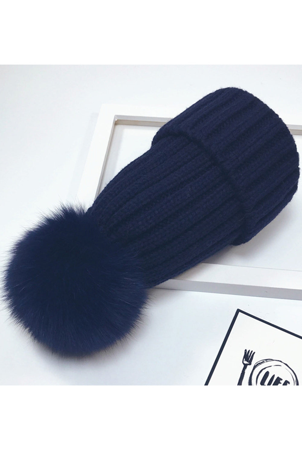 Women Solid Color Hair Ball Decorated Stripe Pattern Warm Cap