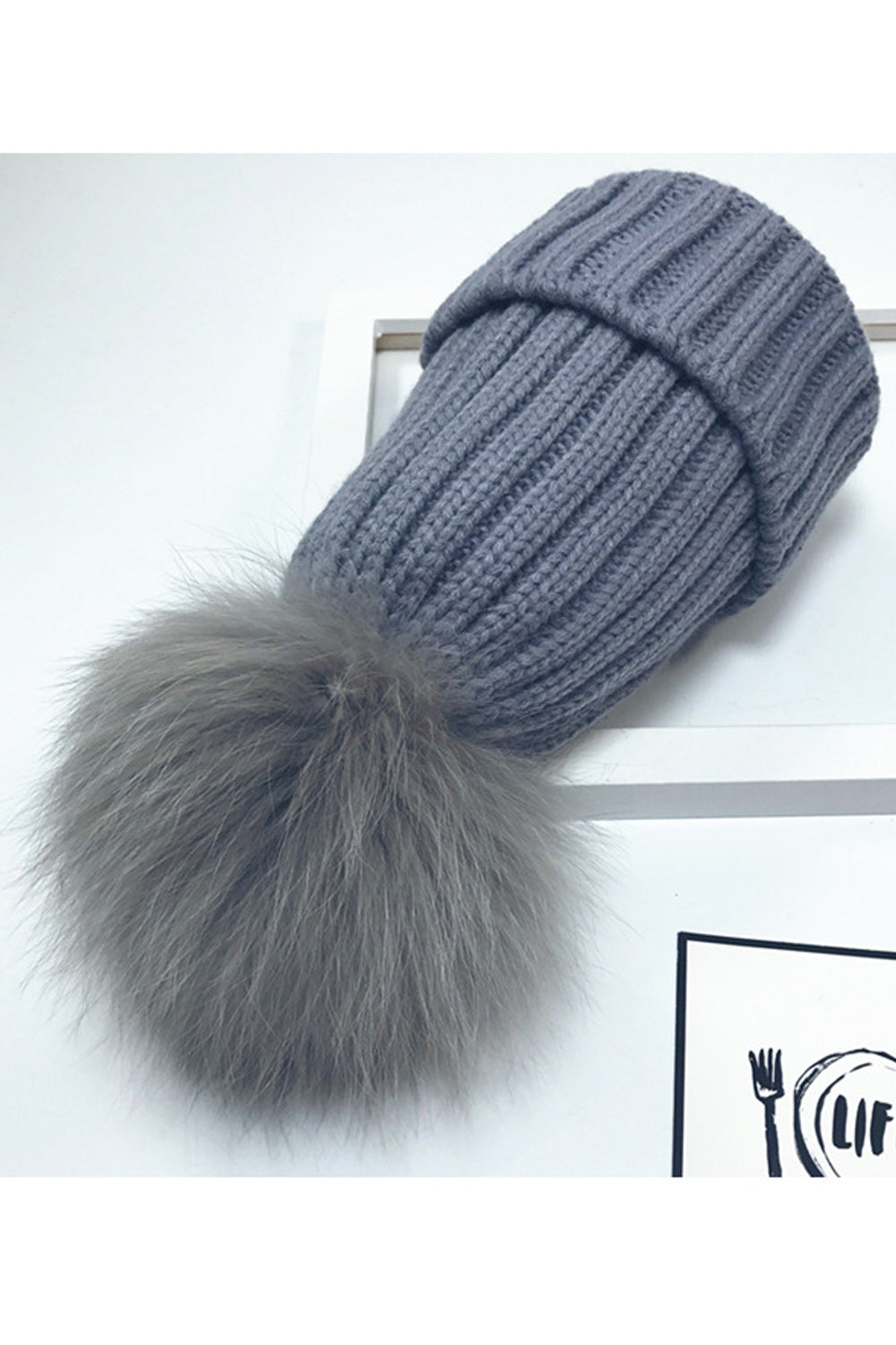 Women Solid Color Hair Ball Decorated Stripe Pattern Warm Cap