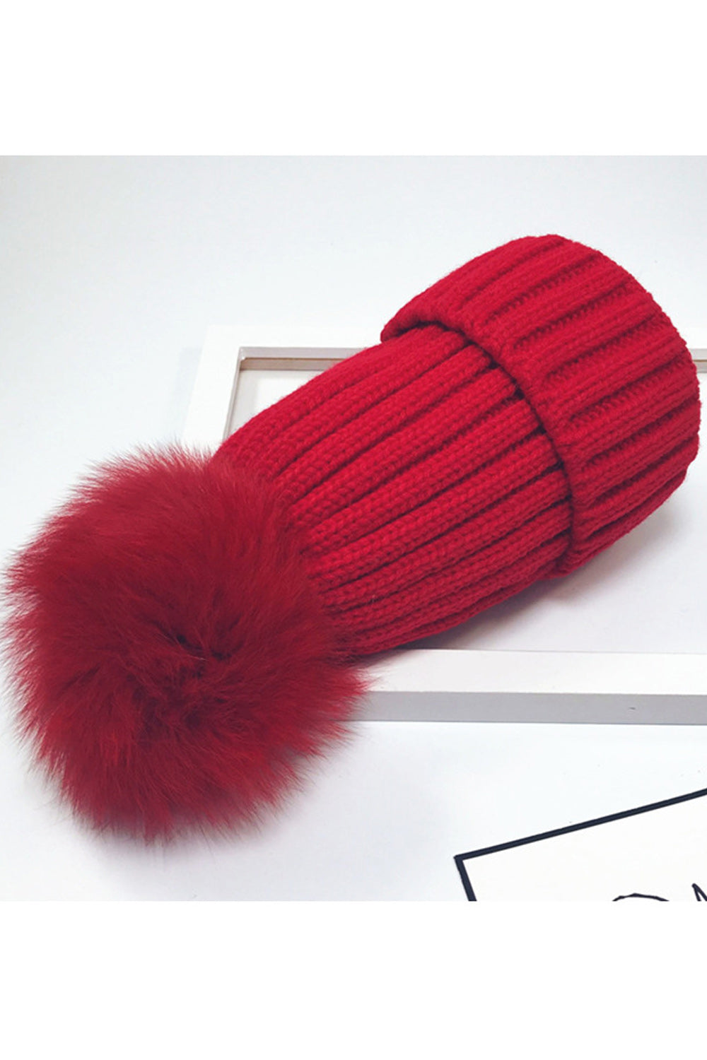 Women Solid Color Hair Ball Decorated Stripe Pattern Warm Cap