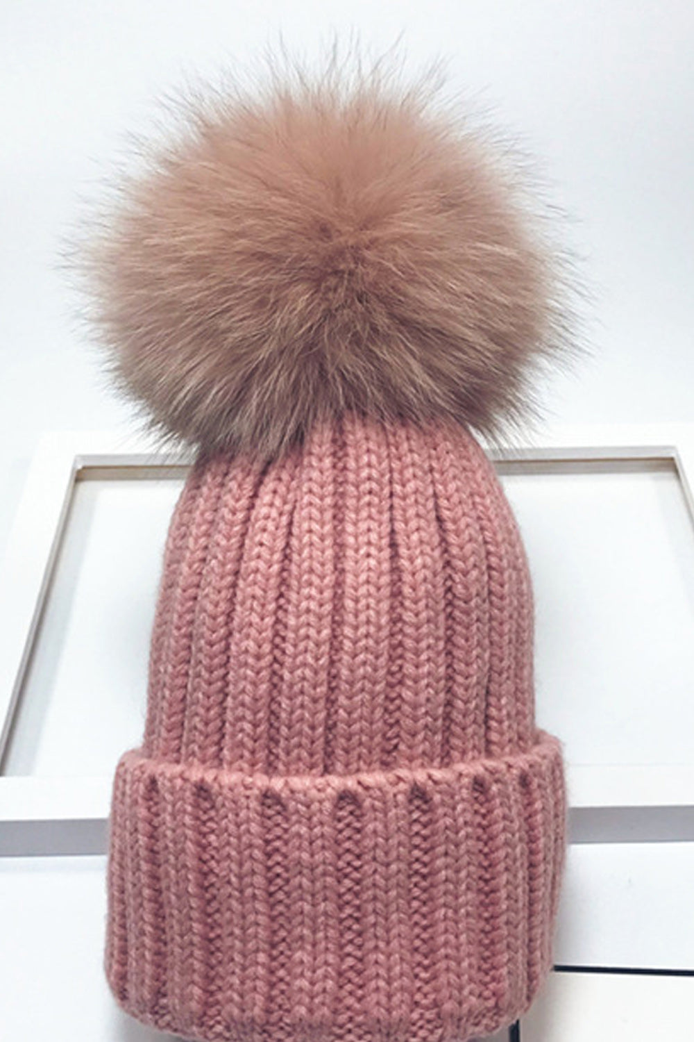 Women Solid Color Hair Ball Decorated Stripe Pattern Warm Cap