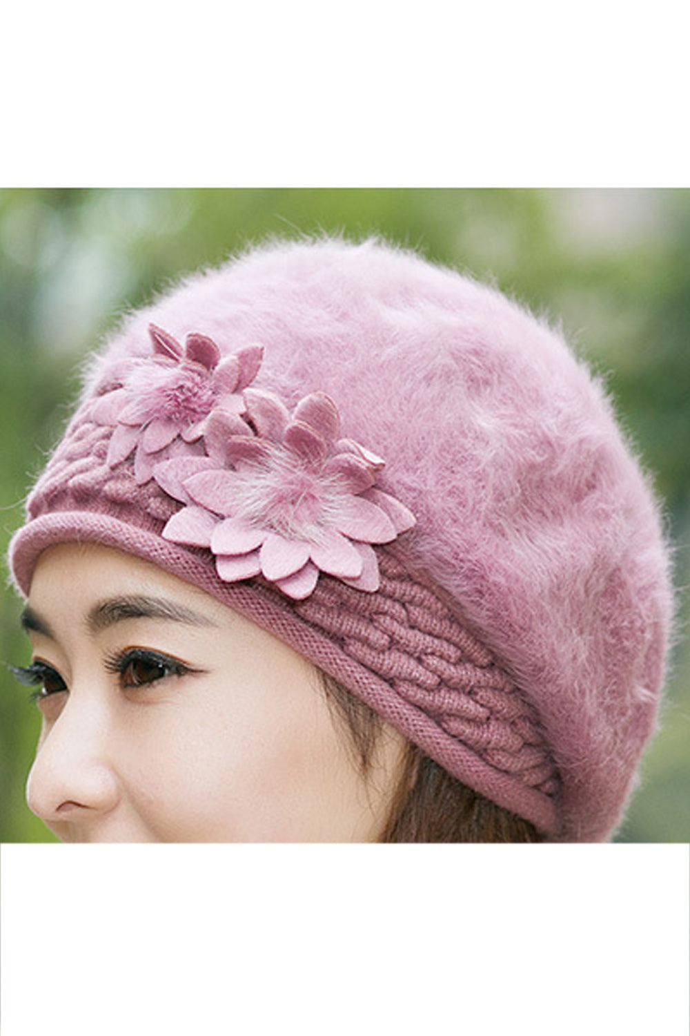 Women Awesome Solid Color Flower Decorated Warm Cap