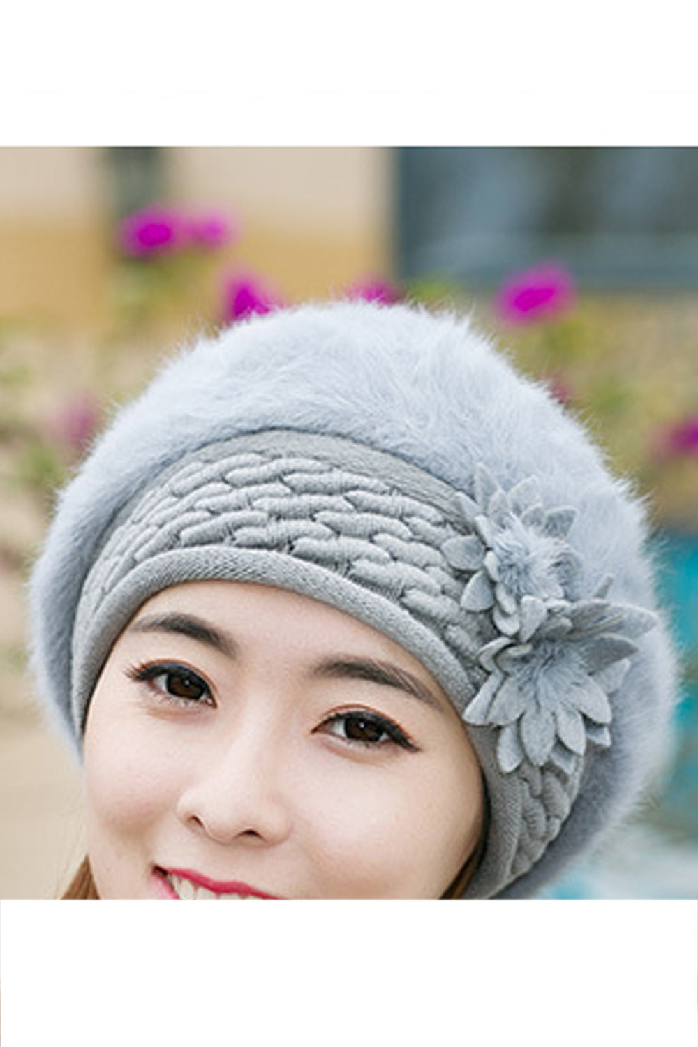 Women Awesome Solid Color Flower Decorated Warm Cap