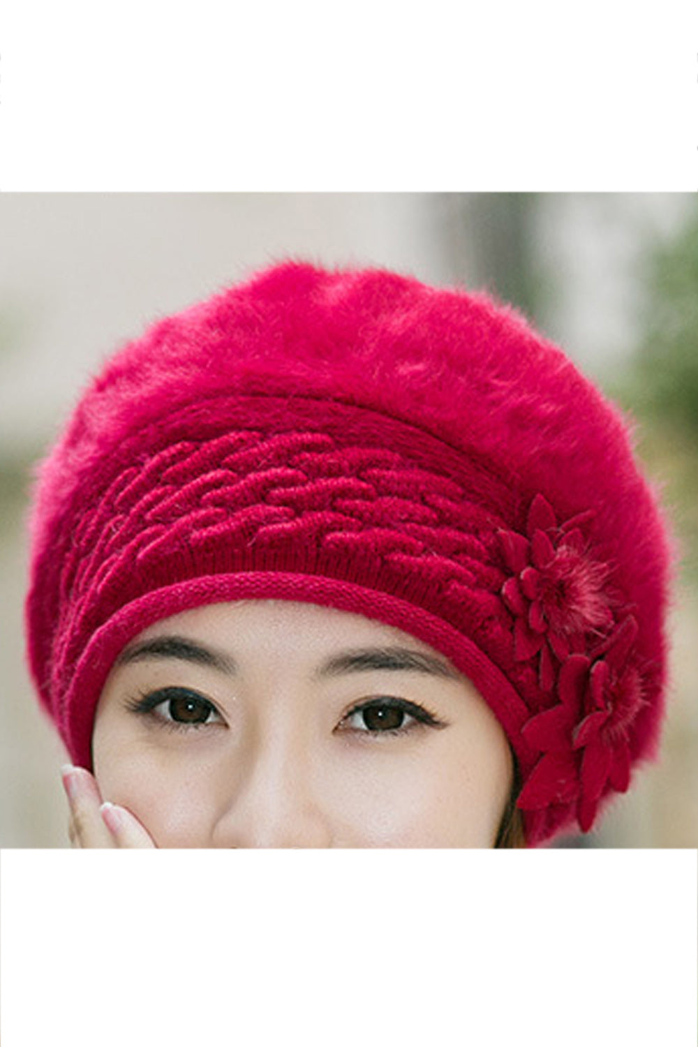 Women Awesome Solid Color Flower Decorated Warm Cap