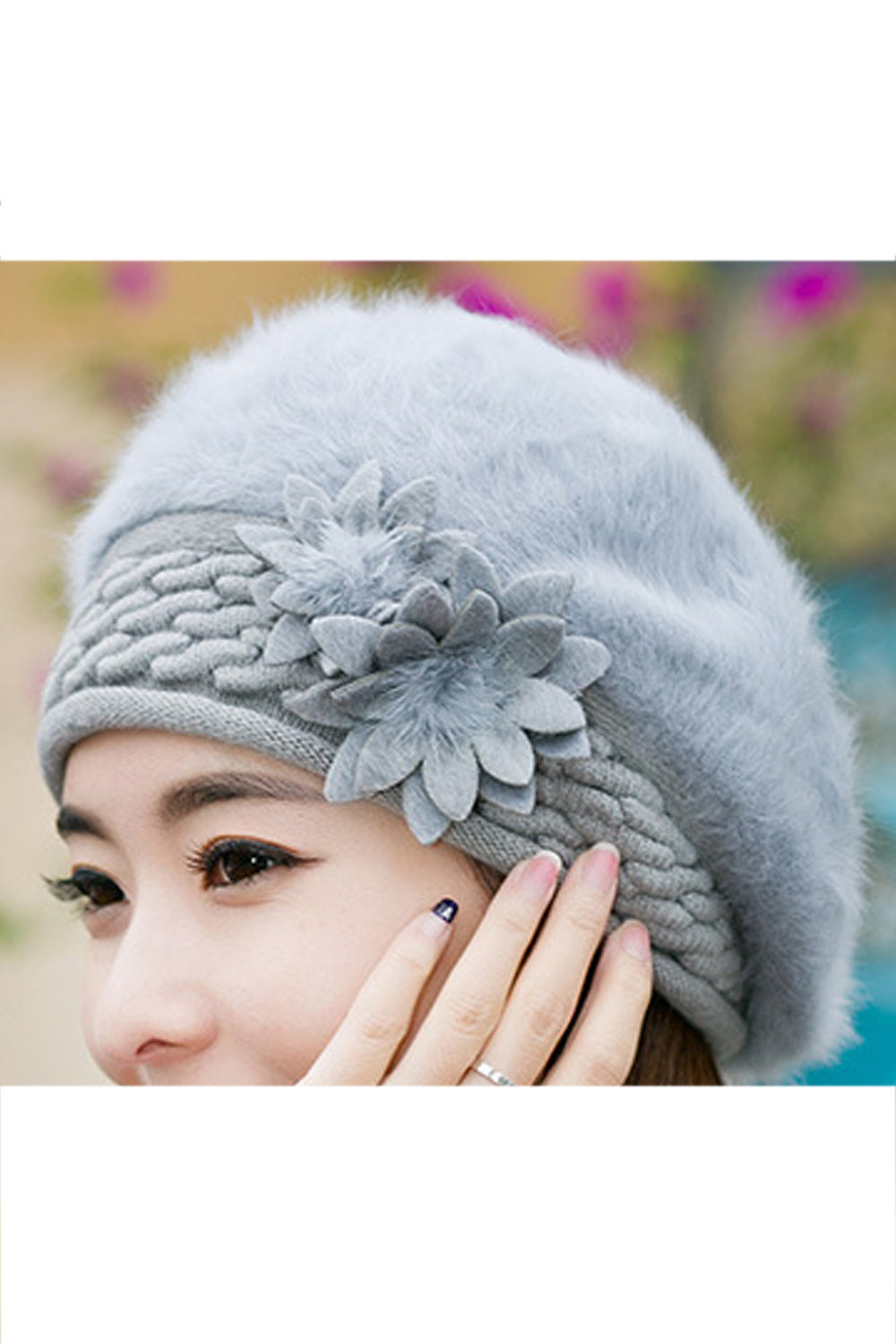 Women Awesome Solid Color Flower Decorated Warm Cap