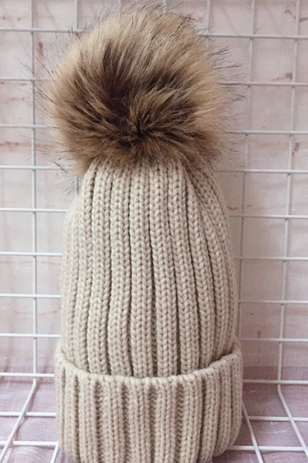 Women Charming Striped Pattern Hair Ball Decorated Warm Cap