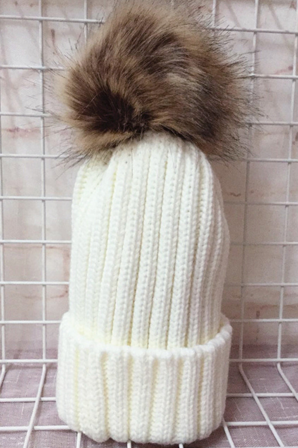 Women Charming Striped Pattern Hair Ball Decorated Warm Cap