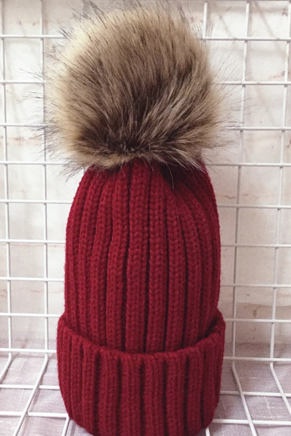 Women Charming Striped Pattern Hair Ball Decorated Warm Cap