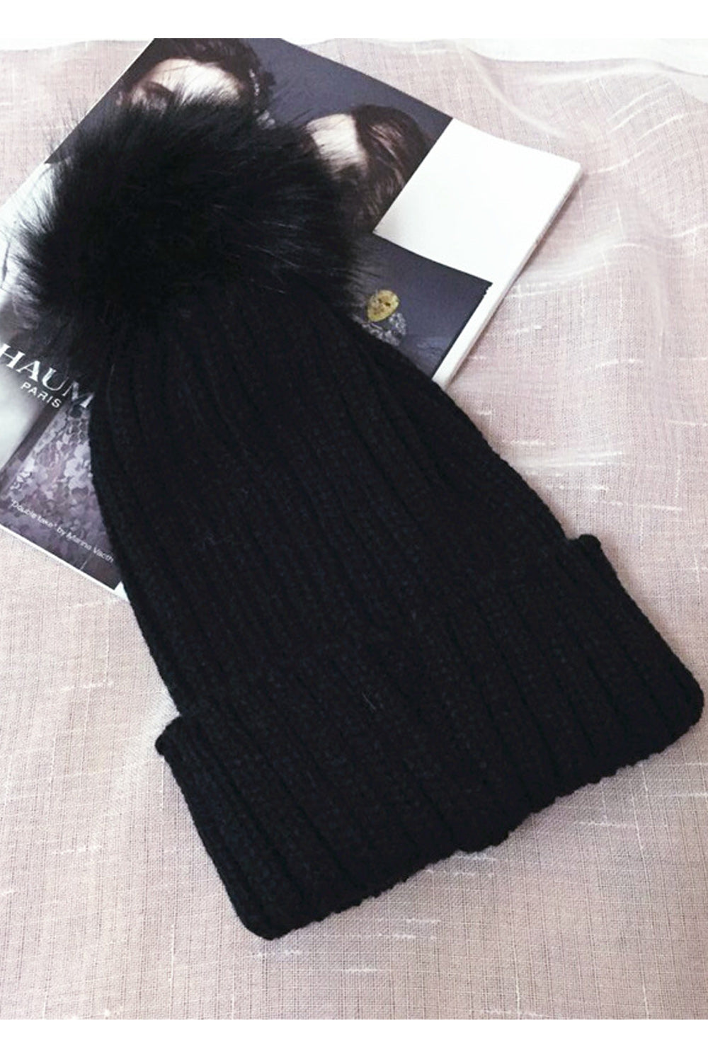 Women Charming Striped Pattern Hair Ball Decorated Warm Cap
