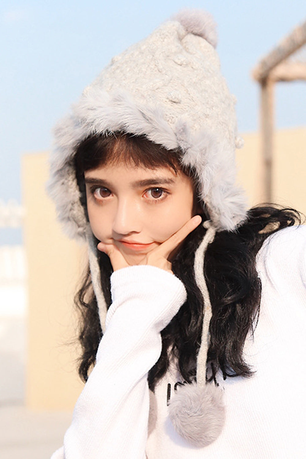 Women Soft Knit Hairball Strap Winter Cap