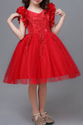 Kids Girls Flower Sleeve V-Neck Lace Up Dress