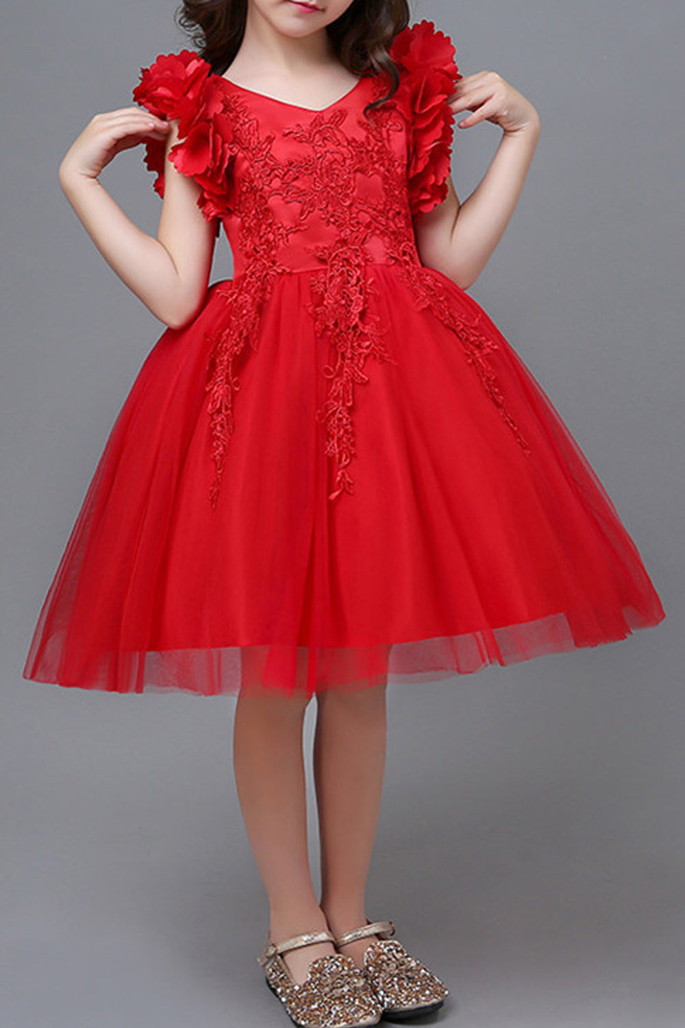 Kids Girls Flower Sleeve V-Neck Lace Up Dress