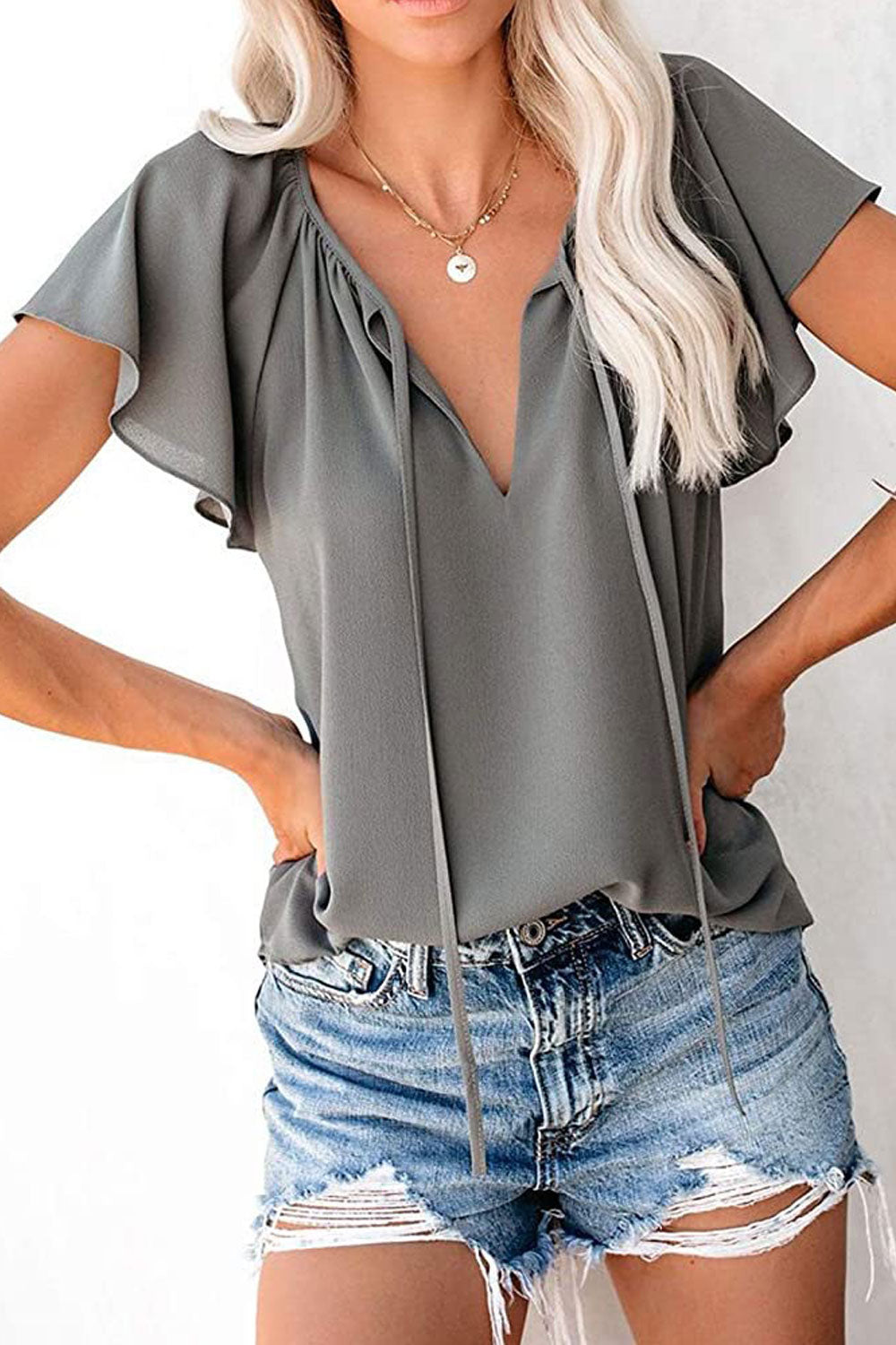 Women New Fashion V-Neck Short Sleeves Printed Summer Loose Casual Top