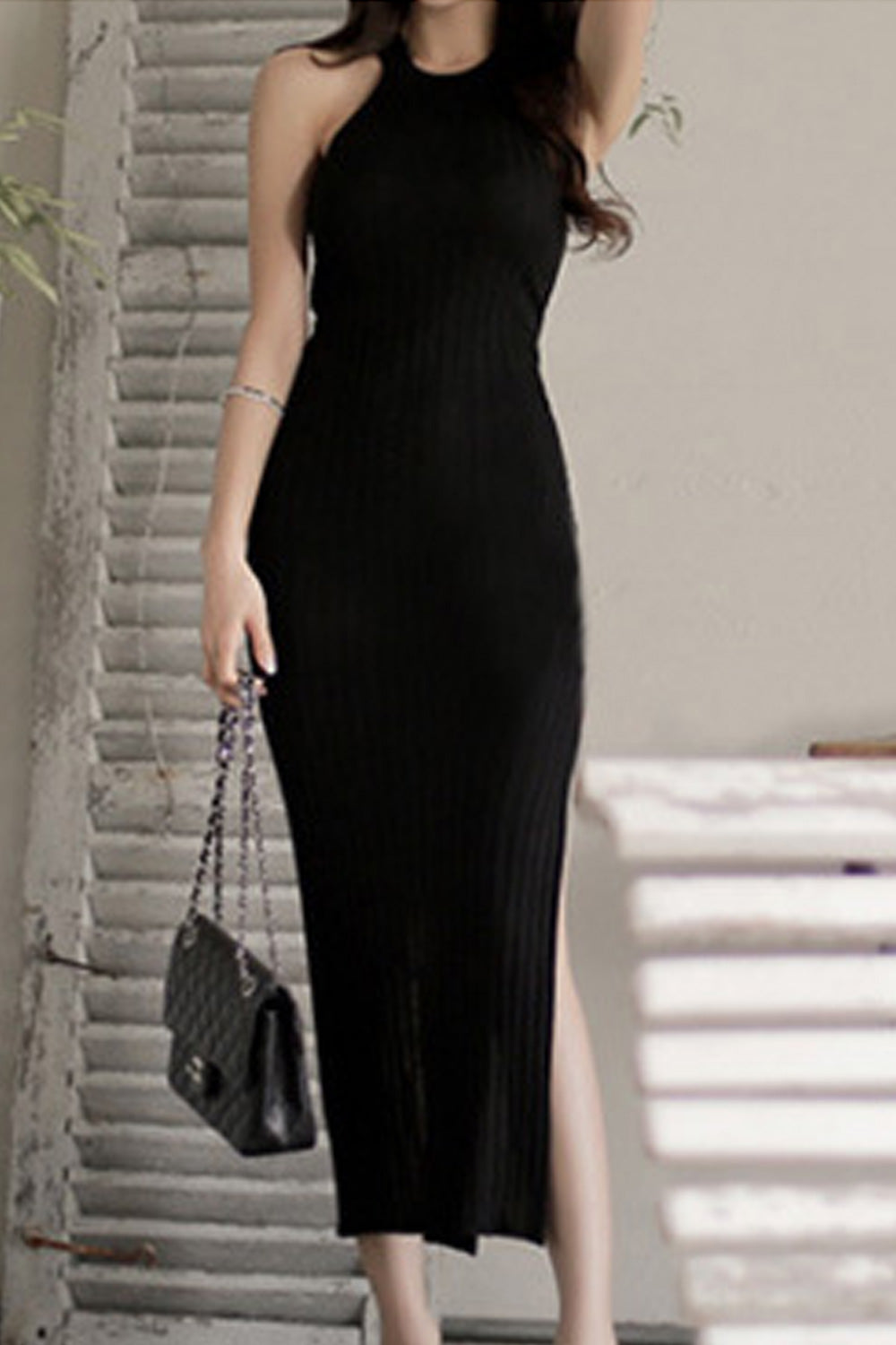 Women Stripe Pattern Halter Neck Sleeveless Irregular Dress